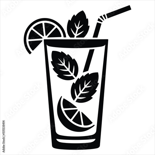 Vector graphic of a black silhouette of a mojito glass, tall and narrow, with mint leaves