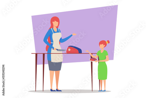 Mother wearing apron teaching her daughter to cook at home. People engaged in fun activity, sharing moments of joy and learning in kitchen together