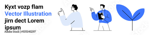 Two individuals in conversation, one holding a clipboard, alongside a growing leaf symbolizing innovation, growth, and teamwork. Ideal for collaboration, business, strategy, planning creativity
