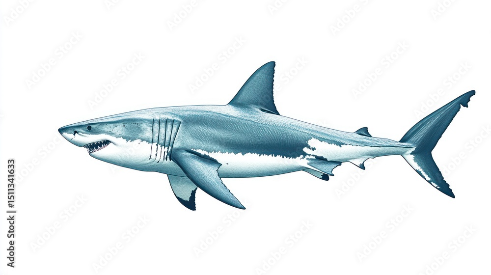 Great White Shark Profile Against White Background Great White Shark Profile Against White Background
