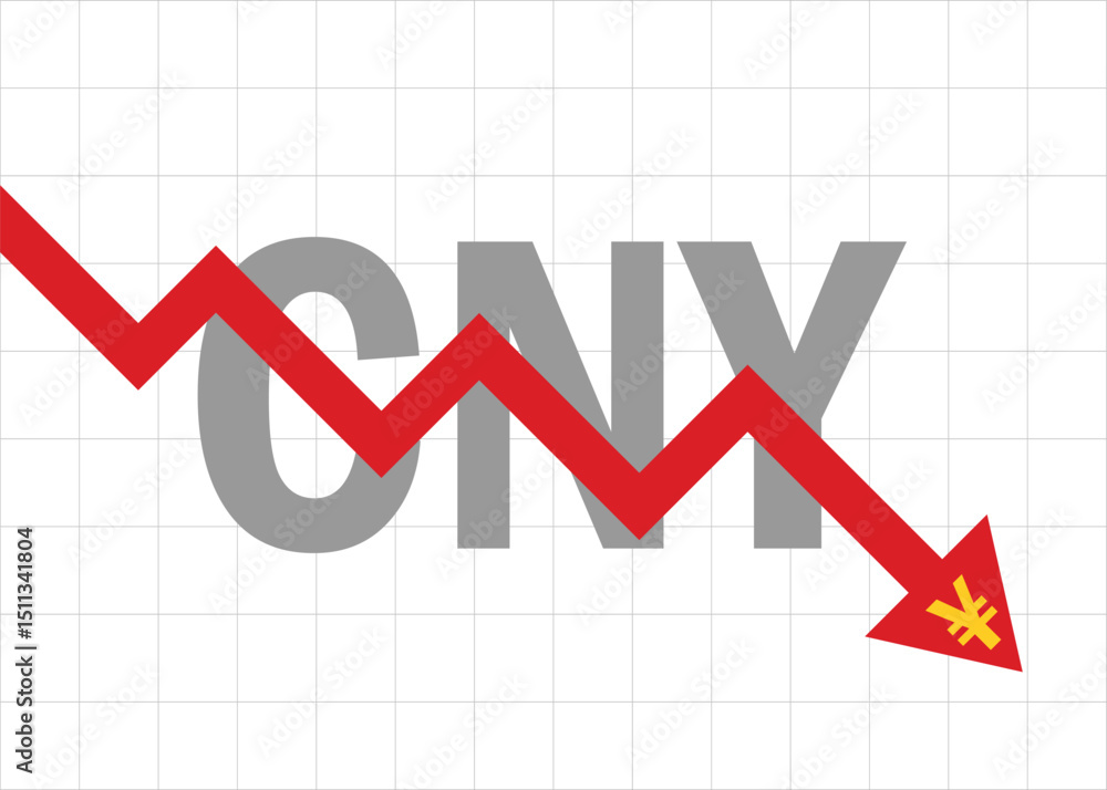 CNY Chinese Yuan arrow graph falling down CNY Chinese Yuan arrow graph falling down