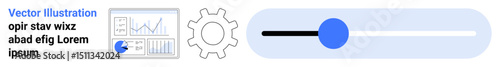 Graph display, document preview, gear icon, slider bar. Ideal for data management, analytics, interface design, user interaction, software tutorials technology walkthrough simple landing page
