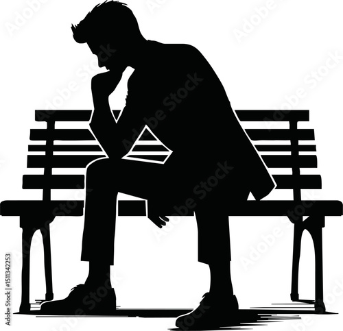 Silhouette of a person sitting and thinking on a bench with hand on chin.vector on white backlground