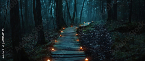 dark forest with old trees and small wooden path leading to distance, lit by candles along the way.