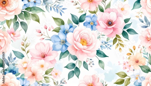 Wallpaper Mural Watercolor floral vector pattern with pink spring flowers and leaves for beautiful summer design Torontodigital.ca