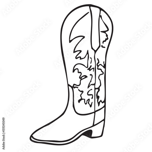 Hand drawn western vector doodles. Line art illustrations with wild west atmosphere, cowboy and cowgirl boots