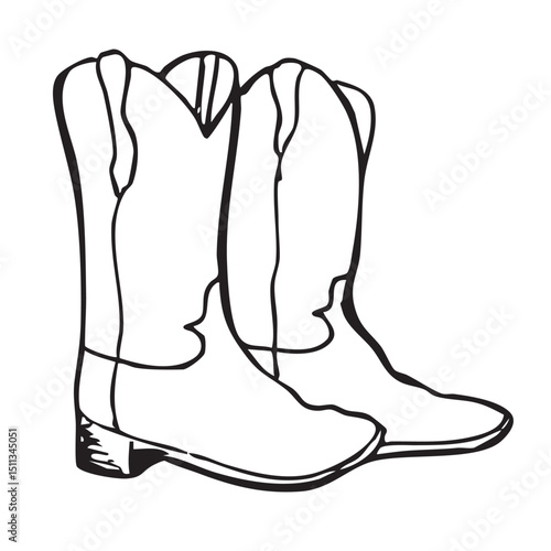 Hand drawn western vector doodles. Line art illustrations with wild west atmosphere, cowboy and cowgirl boots
