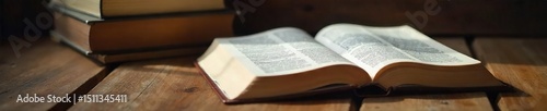 Open Bible laying on a wooden table next to a stack of Christian books, soft lighting, peaceful scene Perfect for faith, spirituality, and religious themes , learning, reading