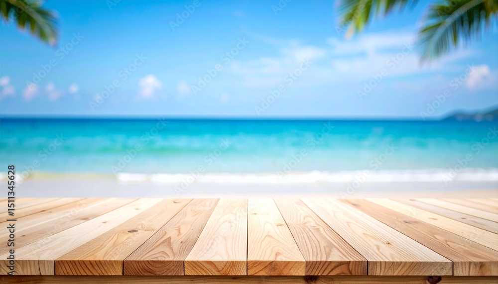 Fototapeta premium Empty wooden table on a beautiful tropical beach with a wooden floor under the summer sun, overlooking the blue sea and sky horizon