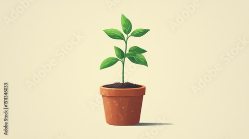 A Green Plant Growing in a Terracotta Pot with Soft Lighting