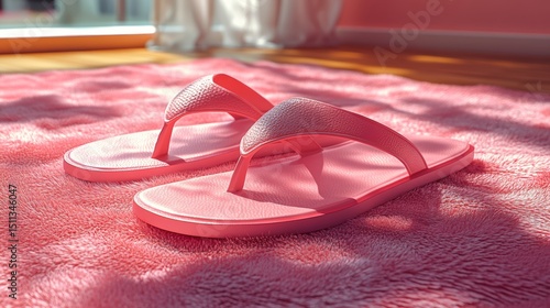 Bright Pink Flip-Flops on Cozy Carpet in Sunlit Room