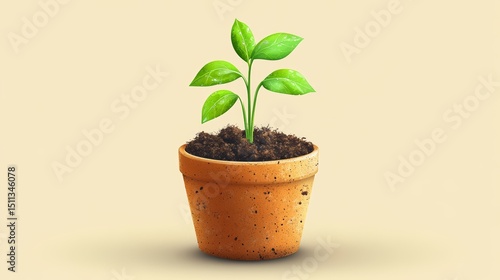 Green Plant Growing in Brown Terracotta Pot on Light Background