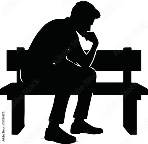Silhouette of a person sitting and thinking on a bench with hand on chin.vector on white backlground