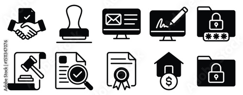 Contracts Icon Set Solid Style Collection representing legal agreements and formal documentation suitable for business transactions legal services and administrative processes