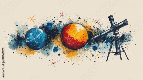 Cosmic Exploration with Telescope and Celestial Bodies in Art