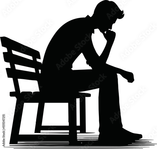 Silhouette of a person sitting and thinking on a bench with hand on chin.vector on white backlground