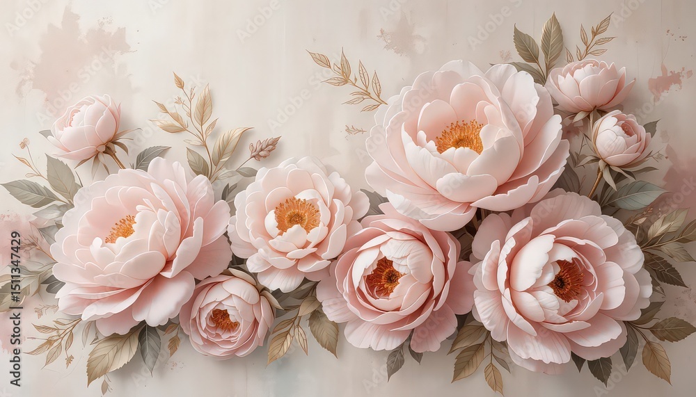 A gentle arrangement of light pink peonies with soft foliage on a neutral background artwork style A gentle arrangement of light pink peonies with soft foliage on a neutral background artwork style