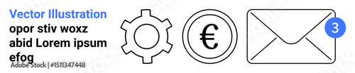 Gear, euro symbol, envelope with notification emphasize themes thumbs up settings, finance, notifications, email, communication, automation. Ideal for business tools finance apps notifications