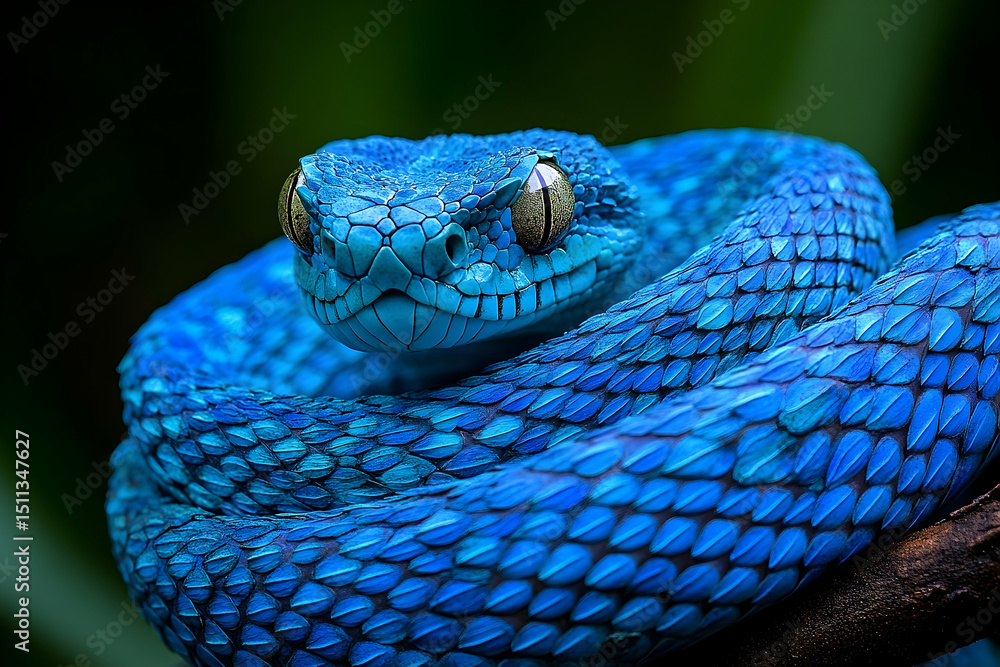 Fototapeta premium Vibrant blue venomous snake with intricate scales.