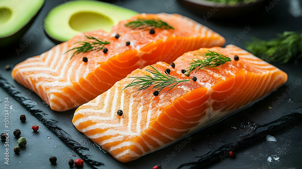 Two raw salmon fillets seasoned with herbs and spices. Two raw salmon fillets seasoned with herbs and spices.
