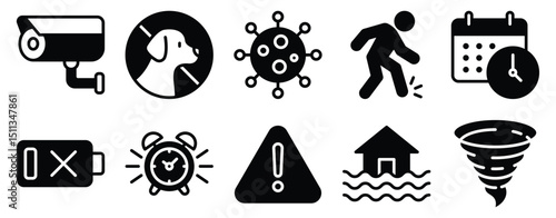 Alert and Warning Icon Set Solid Style Collection representing caution signs and emergency notifications suitable for safety systems security apps and risk management tools