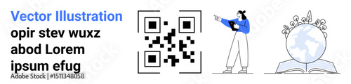 QR code, woman pointing while holding tablet, globe on book. Ideal for technology, mobile apps, e-learning, global connectivity, information sharing, innovation simple landing page