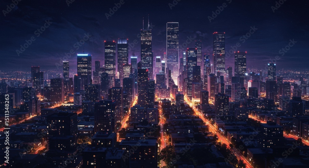 Fototapeta premium Cityscape at Night with Glowing Lights and Skyline