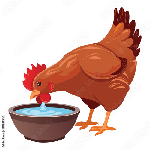 Brown Chicken Drinking Water Illustration