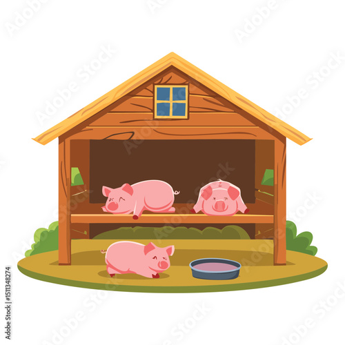 Piglets in Wooden Barn Illustration