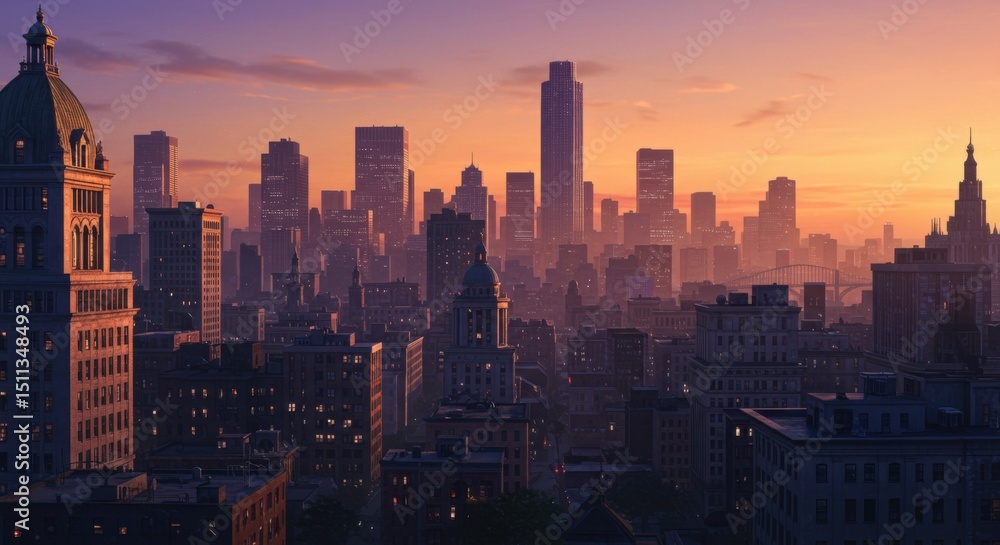 Obraz premium Cityscape Skyline View at Sunset with Buildings and Towers