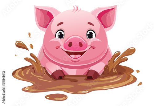 Pink Pig Covered in Mud Illustration