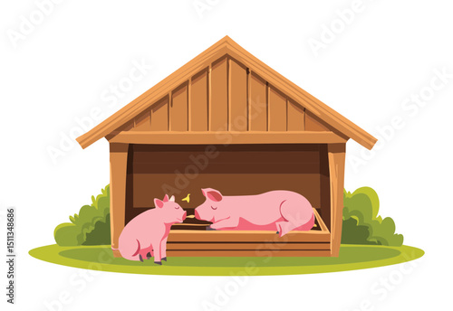 Three Pigs in Wooden Barn Illustration