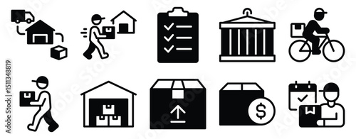 Logistic Icon Set Solid Style Collection representing transportation delivery and supply chain operations suitable for shipping services warehouse management and logistics platforms