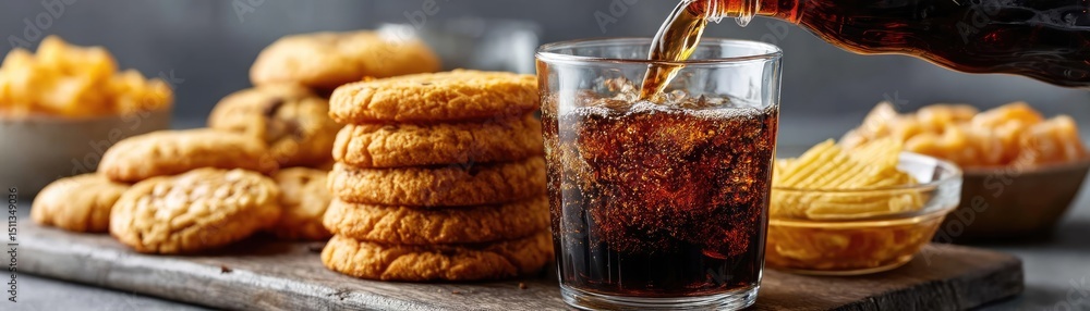 Comfort food snack and soda with unhealthy concept. Delicious cookies served with a refreshing soft drink. Comfort food snack and soda with unhealthy concept. Delicious cookies served with a refreshing soft drink.