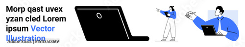 Laptop screen, person pointing for a presentation, another working on a laptop. Ideal for teamwork, online collaboration, remote work, productivity, training, education simple landing page