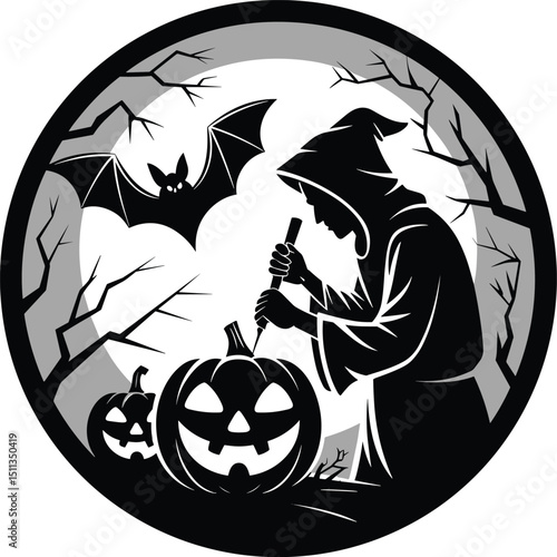 Set of halloween silhouettes, High-quality Halloween vector illustration featuring spooky and fun design elements including ghosts, jack-o'-lanterns, bats, witches, skulls, and spider webs.