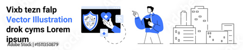 Businessperson pointing at medical shield and heart, connecting health and facts. Ideal for healthcare, urban living, data communication, health overview, teamwork, education, simple landing page