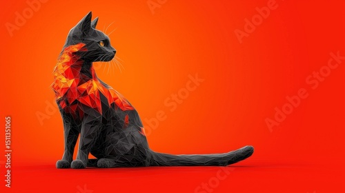 Low - poly Style Black Cat with Orange - red Gradient Image, Ideal for Digital Art Exhibitions, Creative Studio Decorations, Pet - themed Cultural and Creative Design, etc. Unique Geometric Shape