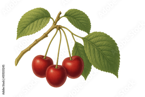 Ripe red cherries dangling from leafy branch, isolated on transparent background, highlighting natural fruit beauty