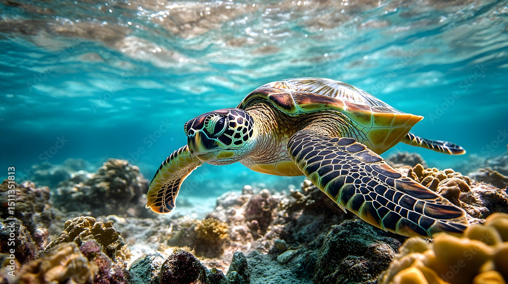 Fototapeta premium Sea turtle swimming over coral reef.
