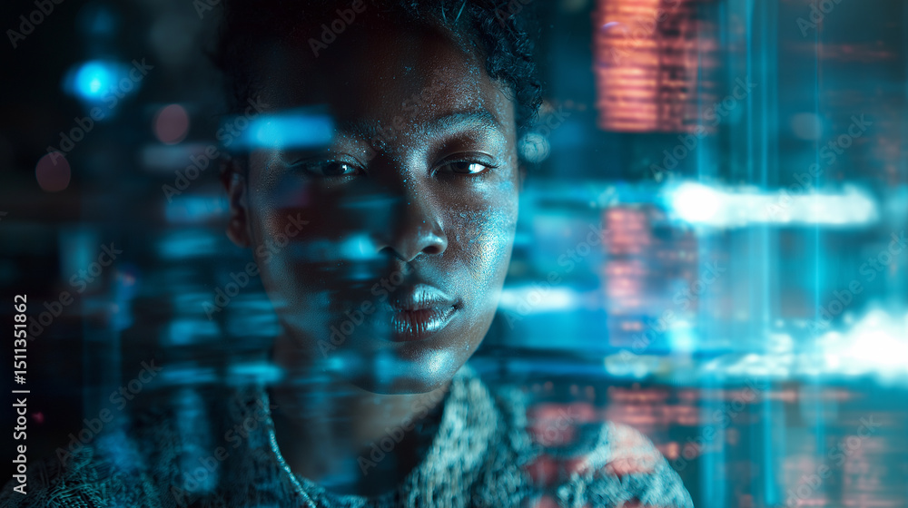 Focused woman analyzing digital data reflected across a transparent screen interface.
Focused woman analyzing digital data reflected across a transparent screen interface.