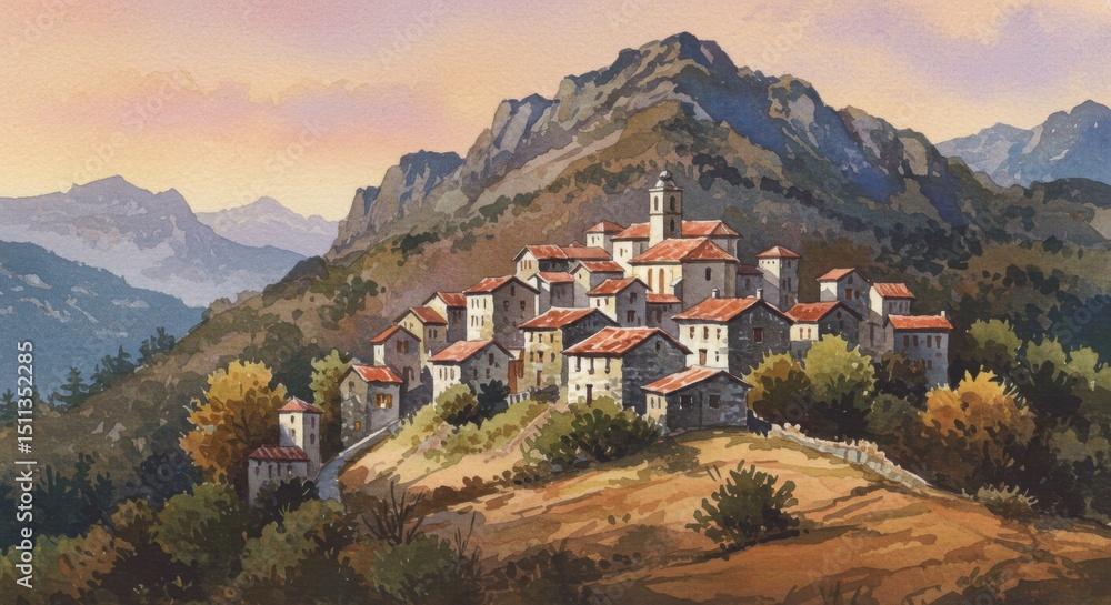 Fototapeta premium Hillside Village Watercolor Painting Mountain View