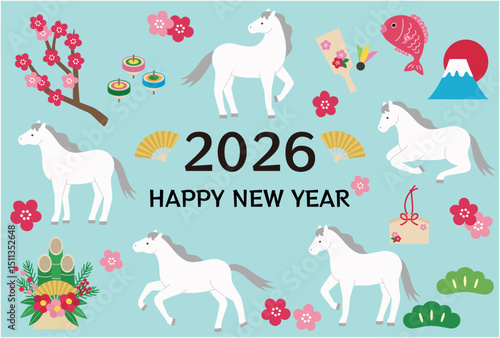 2026年午年の年賀状テンプレート。白馬、かわいい、縁起物、ベクター、うま