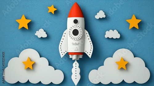 Cartoon rocket taking off among the stars and clouds.