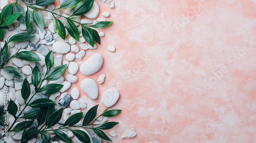 白とグレーの天然石と緑色の葉をピンク色の背景に並べたAI生成画像