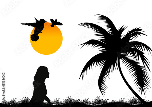 silhouette of a girl in the park, tree, birds, sun