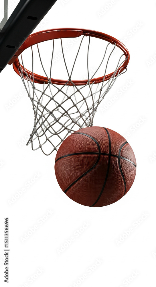 A close-up of a basketball flying into the hoop, frozen mid-air, sharp shadows, isolated on a white background, professional lighting A close-up of a basketball flying into the hoop, frozen mid-air, sharp shadows, isolated on a white background, professional lighting