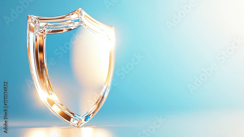 Protective Shield: A gleaming shield made of transparent glass shimmers with a brilliant internal glow, set against a backdrop of a clean, light gradient, symbolizing security and protection.