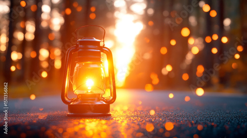 Sunset Lantern on Road: A vintage kerosene lantern glows warmly on a forest road at sunset, casting a magical light against the bokeh of the setting sun. The scene evokes feelings of hope, adventure.