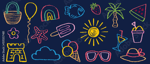 Chalk or Crayon Kid Draw with Summer Vacation Theme on Doodle Scribble Style for Kindergarten School, Palm Tree, Tropical, Beach etc in Vector